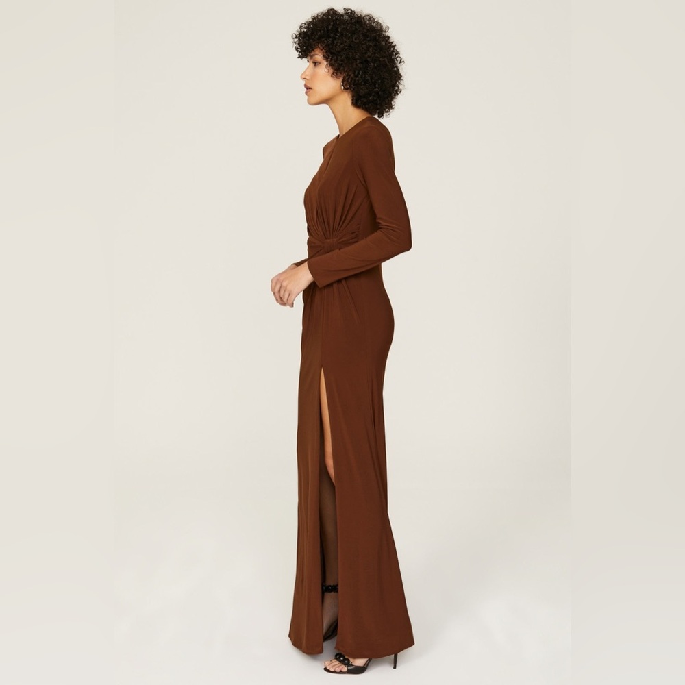 Mac Duggal Ieena Keyhole Draped Maxi Gown Long Sleeve Dress Size 14 Chocolate - Picture 2 of 12